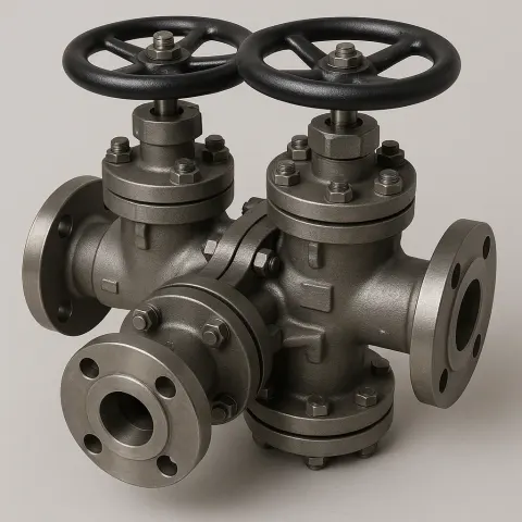 Multi-port Industrial Valve Assembly with Two Large Black Handwheels