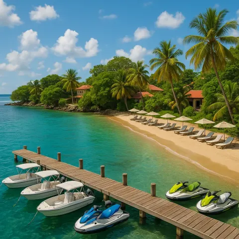Scenic View of a Tropical Shoreline Featuring a Dock