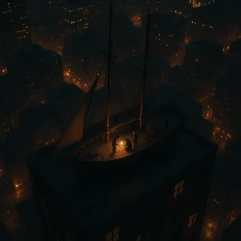 Two-masted Schooner Rests Surreally on a Dim Rooftop