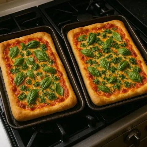 Two Rectangular Homemade Pizzas with Golden Crusts