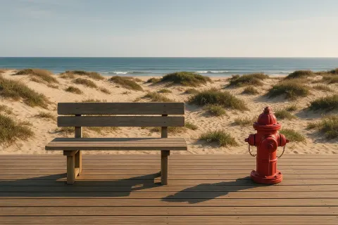 Wooden Bench and Fire Hydrant on a Boardwalk Overlooking Sandy