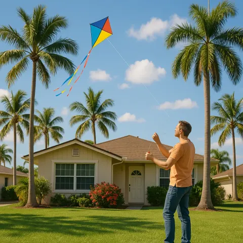 Suburban Scene Featuring a Man Flying a Kite