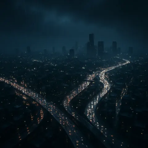Myriad Pinpricks of Light from Distant Vehicles Trace Luminous Pathways