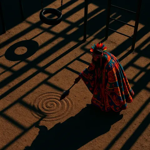 Lone Shaman in Vibrant Robes Traces Patterns