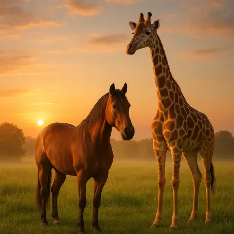 Giraffe and a Horse Side by Side in a Sunlit