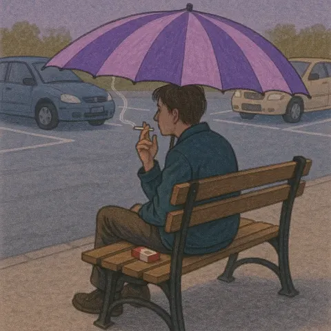 Seated Person under a Purple Striped Umbrella Smokes a Cigarette