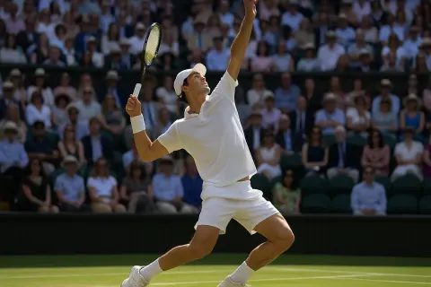Tennis Player in a White Outfit Mid-serve on a Grass