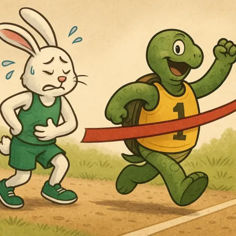 Turtle in a Yellow Track Jersey Victoriously Crosses the Finish