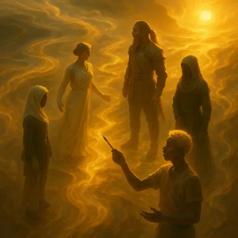 Five Figures Interact Off-center Amidst Landscapes Made of Liquid