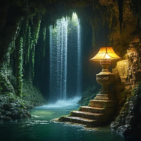 Deep Cave Waterfall Lit by a Stone Lamp