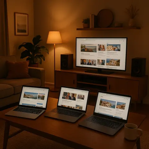 Cozy Living Room Setup with Multiple Laptops