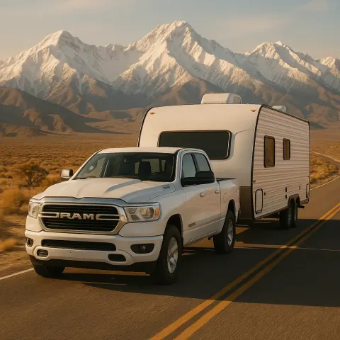 White Ram Truck Towing a Camper on a Desert Road