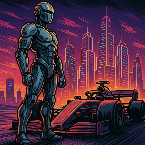 Confident Cyborg Wearing a Silver Helmet and Displaying the Number