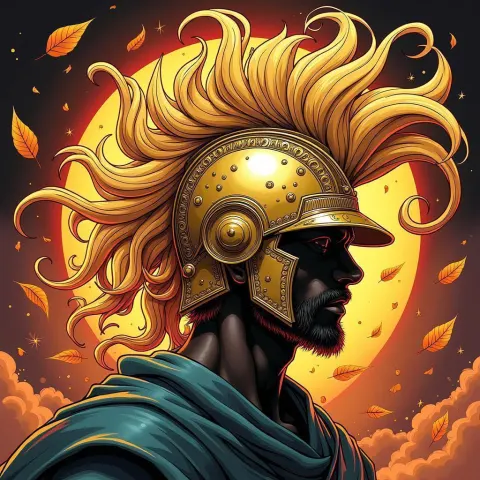 Golden Manga Helmet With a Flowing Plume