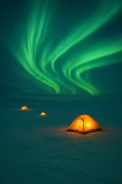 Few Solitary Tents Glow Faintly on a Vast