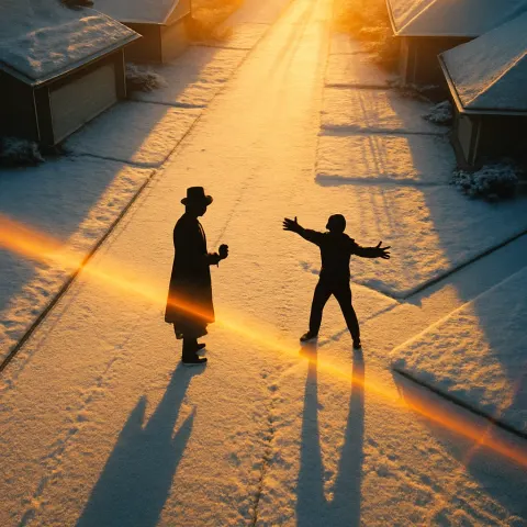 Two Minuscule Figures Engage on a Canvas of Snow-covered Rooftops