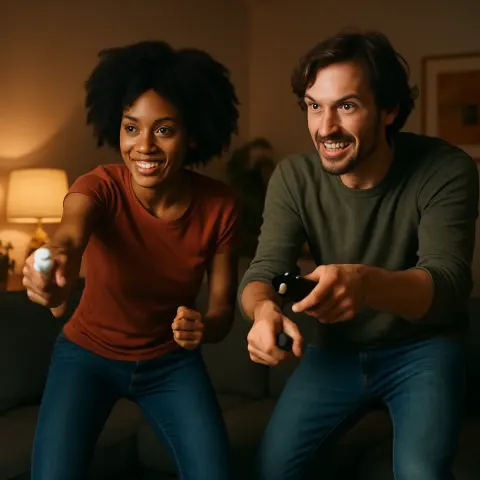 Two People Actively Playing a Video Game with Motion Controllers