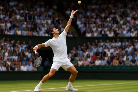 Tennis Player in White Attire Serves the Ball