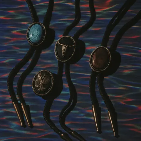 Several Bolo Ties Rest on Vivid Water Reflections