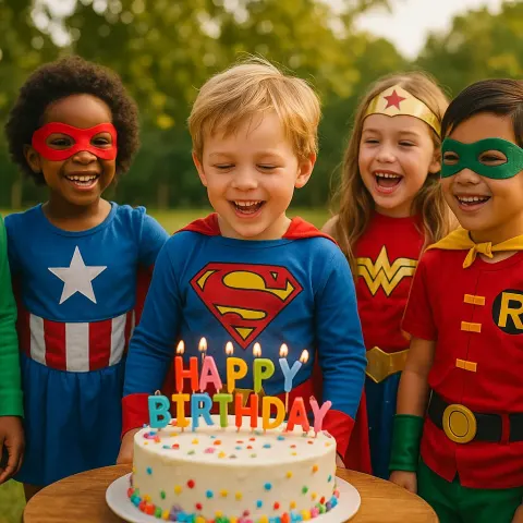 Group of Children Dressed in Superhero Costumes Gather
