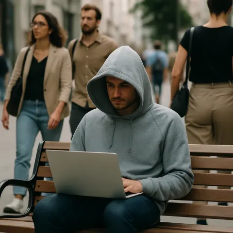 Man Sitting on a Bench Using a Laptop Covered