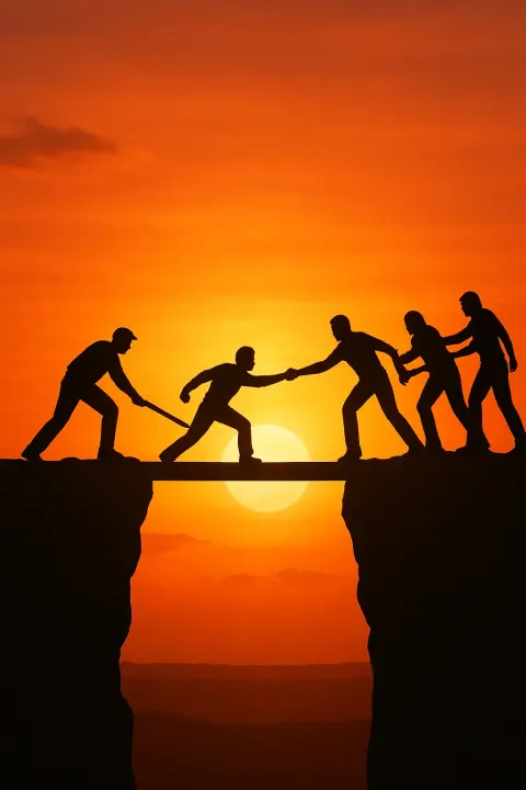 Silhouetted Figures Work Together to Bridge a Gap