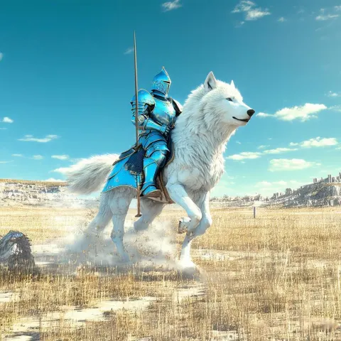 Azure Knight Riding a Fierce Wolf Mount