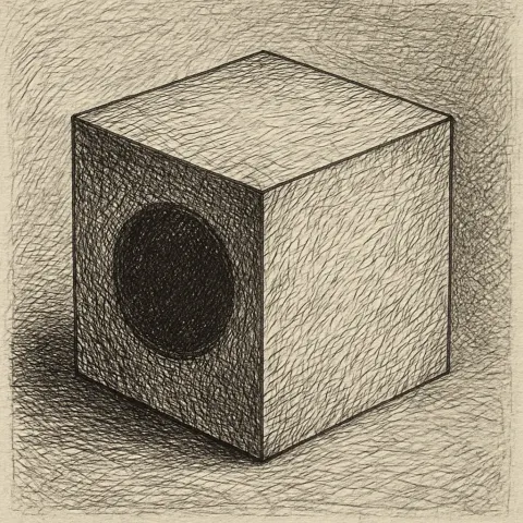 Crosshatched Pen-and-ink Illustration Depicting a Cube Marked by a Bold