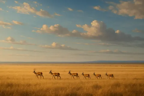 Small Herd of Distant Antelopes Gracefully Traverses a Vast