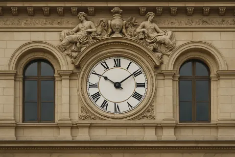 Classical Stone Building Facade Featuring a Large Ornate Clock