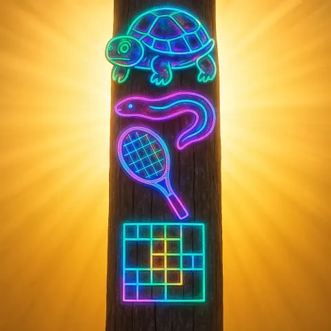 Totem Pole with Bizarre Neon Holographic Carvings of a Mud