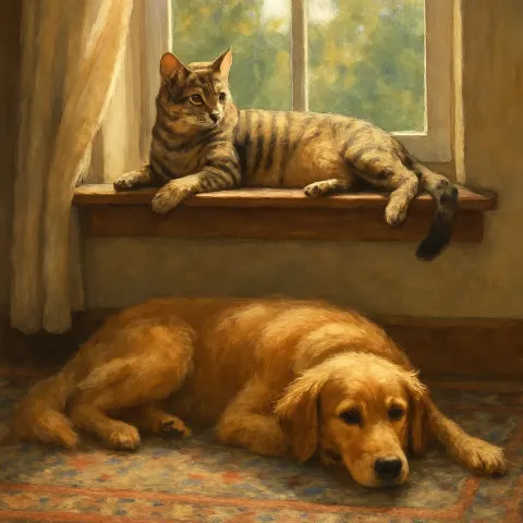Dog Resting on a Rug Beneath a Windowsill