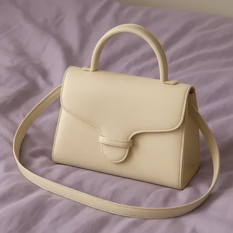 Handbag in a Cream Hue Resting Atop a Lavender-colored Bedspread