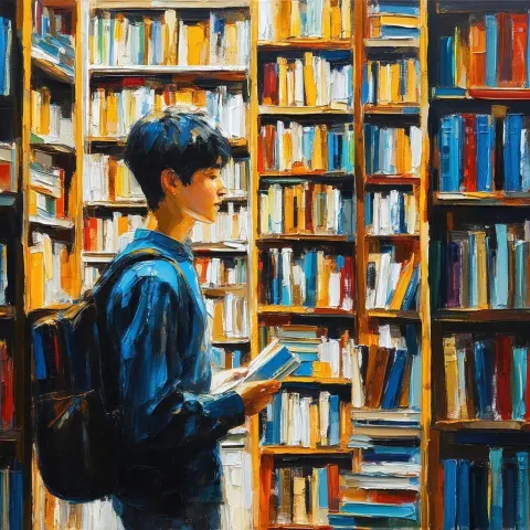 Acrylic Student Reading Among Tall Bookshelves