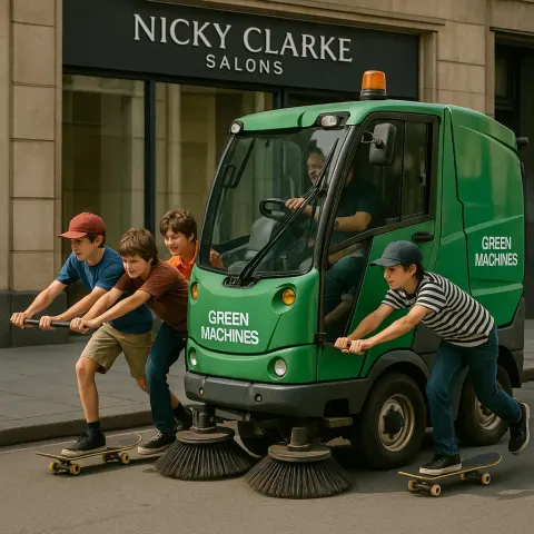 Four Boys on Skateboards Pushing a Green Street-cleaning Vehicle
