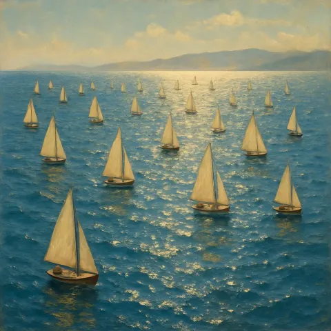 Scattered Flotilla of Numerous Small Sailboats Drifts Across an Expansive
