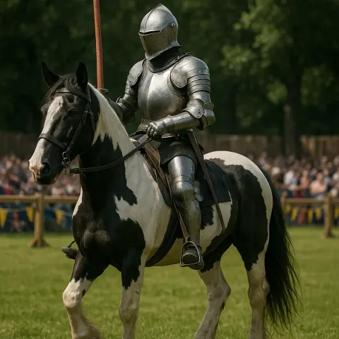 Medieval Knight in Full Armor Holding a Lance Sits