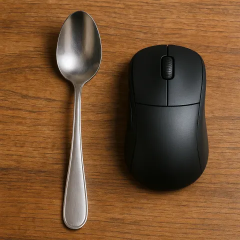 Black Computer Mouse Lying Next to a Silver Spoon