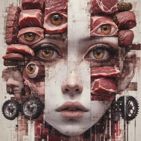 Minimalist Face of Many Eyes and Meat Wheels