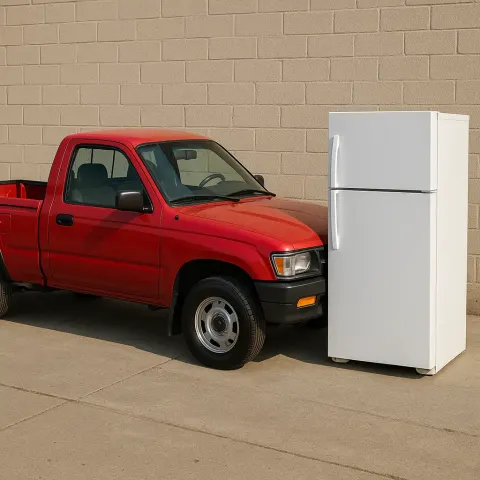 White Refrigerator Positioned Next to a Parked Red Pickup Truck