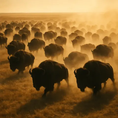 Vast Herd of Shadowy Bison Thunders Across an Expansive