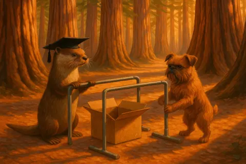 Mortarboard-wearing Otter and Brabancon Griffon Arrange Parallel Bars