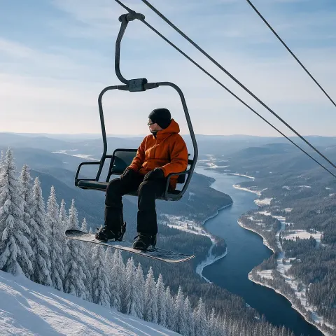 Snowboarder Rides a Ski Lift on a Snowy Mountain