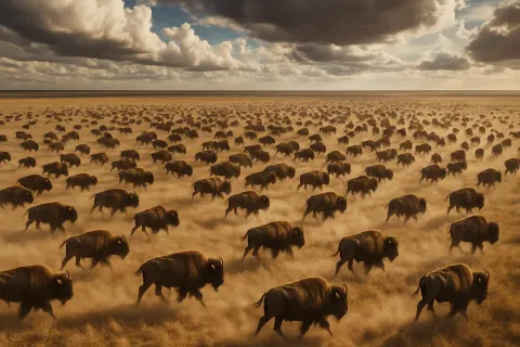 Vast Herd of Hundreds of Distant Bison Kicks Up Trails