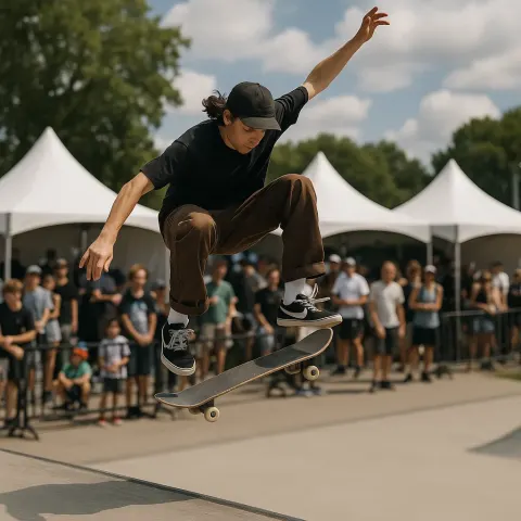 Skateboarder Performing a Mid-air Trick in an Outdoor Event