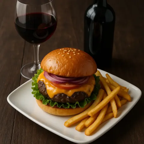 Burger with Fries Served on a Square White Plate