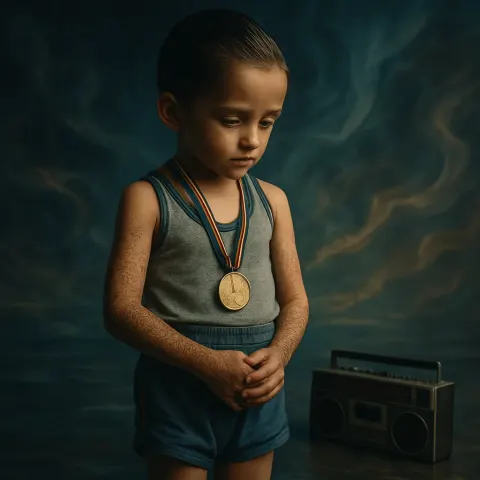 Gaunt Toddler Olympian with Slicked-back Hair Stands