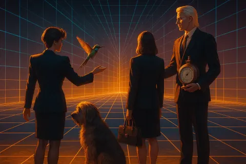 Within a Digital Cyberspace Where Glowing Neon Grids Create Radiating