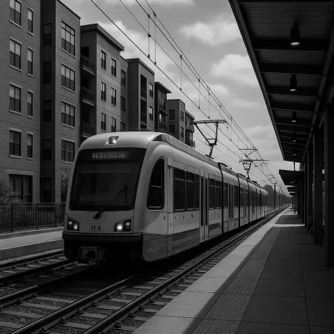 Black and White Image of a Light Rail Train