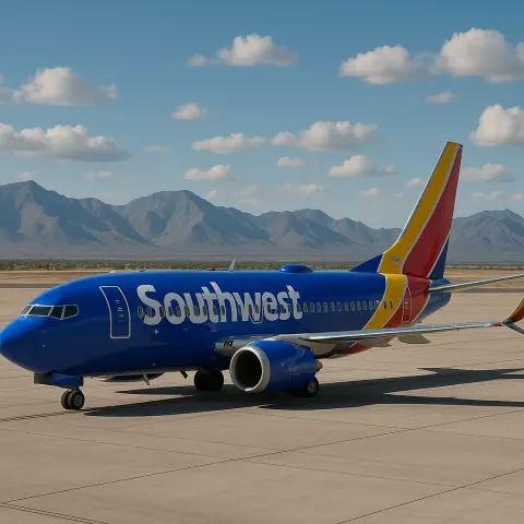 Southwest Airlines Jet Parked on an Airport Tarmac with Mountains